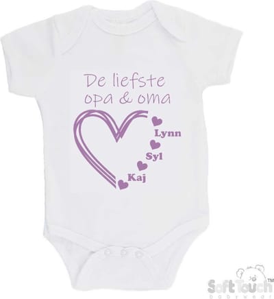 100% katoenen Romper "De liefste opa & oma met de namen van 3 kleinkinderen" Meisjes Katoen Wit/lila Maat 62/68