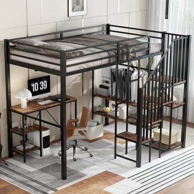 MEUNIQ Hoogslaper 120x200 cm met bureau, open kledingkast, opbergrek en 4-traps trap, metalen bedframe met MDF in zwart voor kinderkamer