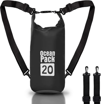 Famanu – Dry Bag Waterdichte rugzak - rolsluiting en schouderriem - waterdichte telefoontas en heuptas voor zee - boot - vissen - rafting - strand - watersport - Zwart - 20l - Waterdichte tas