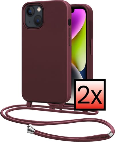 Hoes Geschikt voor iPhone 13 Mini Met Telefoonkoord - Siliconen Hoesje Backcover Met Ketting - Aubergine - 2 PACK
