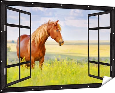 Gards Tuinposter Doorkijk Bruin Paard in de Wei - 180x120 cm - Tuindoek - Tuindecoratie - Wanddecoratie buiten - Tuinschilderij