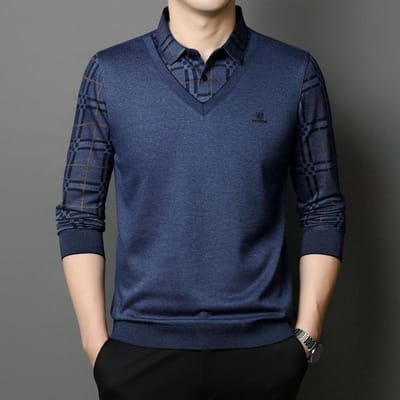 Automne Nouveau Style Pull à Col Chemise Décontracté Homme Âge Moyen Mode Simple Pull Homme Faux Deux Pièces 3XL black