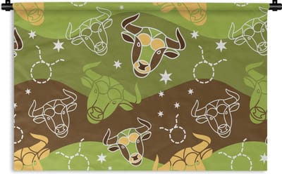 Wandkleed - Wanddoek - Stier - Zodiac - Groen - Patroon - 90x60 cm - Wandtapijt