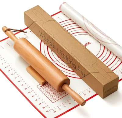 Houten Deegroller Set met Siliconen Bakmat en Stevige Basis - Perfect voor Pizza, Taart, Pasta en Brood