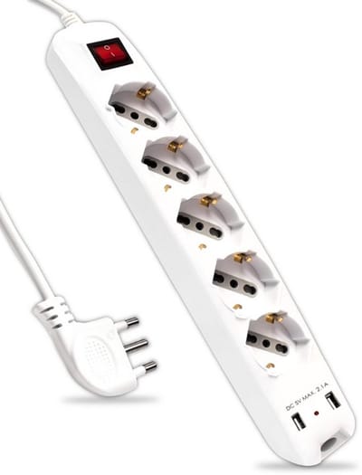 Thuys – Stekkerdoos Met Schakelaar – 5 Stopcontacten – 10/16 A – 2 USB-Poorten – 1,5m Kabel – 16 A Stekker – Wit