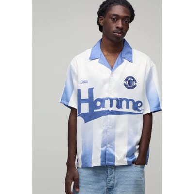Oversized Shirt Met Korte Mouwen En Homme Sportprint In Satijn | Blue | Size XS