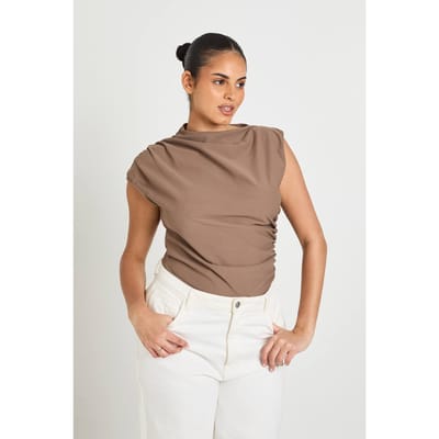 boohoo Dames Plus Gerimpelde Bodysuit Met Aangeknipte Hals | Paddestoel | Maat: 44