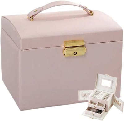 Sieraden Organizer Box - Opbergkoffer Display - Sieraden Opbergen - Met Handvat Spiegel - 17.5 x 14 x 13 cm
