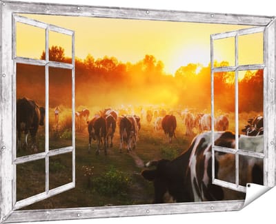 Gards Tuinposter Doorkijk Kudde Koeien in Weiland bij Zonsondergang - 180x120 cm - Tuindoek - Tuindecoratie - Wanddecoratie buiten - Tuinschilderij
