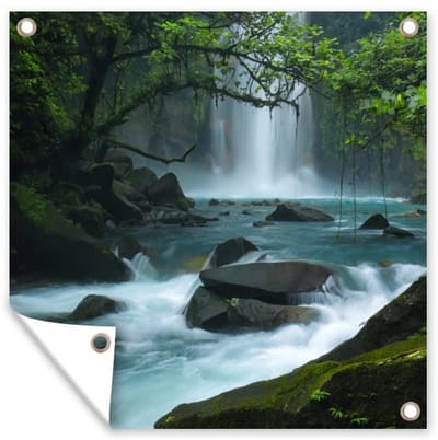 Dailygoods- Tuinposter 100x100 cm - Helderblauwe rivier/watervallen - Tuindoek voor buiten - Extra stevige ringen - Regenwoud Costa Rica - Opleuk je tuin