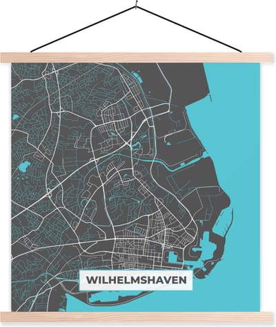 Posterhanger incl. Poster 120x120 cm - Schoolplaat - Blauw – Duitsland – Plattegrond – Stadskaart – Kaart – Wilhelmshaven - Textielposter - Blanke latten - Stadskaart