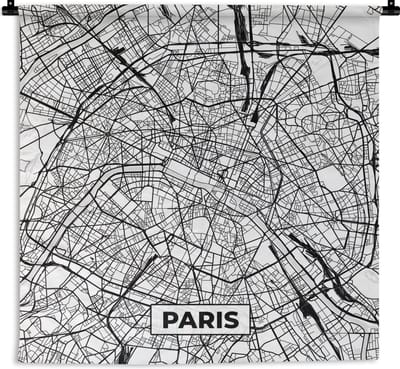 Wandkleed - Wanddoek - Parijs - Frankrijk - Plattegrond - Paris - Stadskaart - Kaart - Zwart wit - 180x180 cm - Wandtapijt