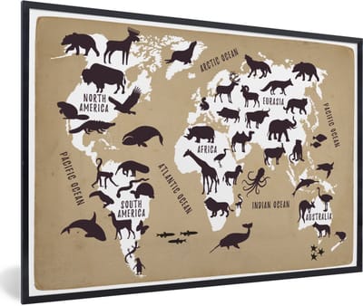 Poster in lijst - Fotolijst 90x60 cm - Posters - Wereldkaart - Sepia - Dieren - Posterlijst zwart - Decoratie - Wanddecoratie woonkamer - Muurdecoratie slaapkamer