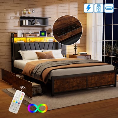 Metalen bed 160x200 cm met ledverlichting en USB, tweepersoonsbed met gestoffeerd hoofdeinde en 4 lades opbergruimte, voor volwassenen en jongeren