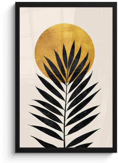 Poster in lijst - Fotolijst 40x60 cm - Posters - Zwart palmblad - Gouden cirkel - Beige achtergrond - Posterlijst zwart - Decoratie - Wanddecoratie woonkamer - Muurdecoratie slaapkamer