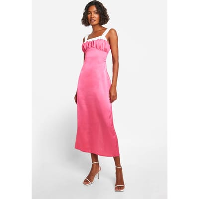 boohoo Dames Lange satijn contrastdetail midaxi jurk | Roze | Maat: 38