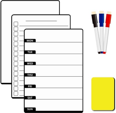 3 Stuks Magneetborden voor Koelkast - Magnetische Koelkastplanner Set met 3 Markers + Gum - Voor Memo's, Notities, Lijsten en Menu's in Keuken en Thuis Kantoor