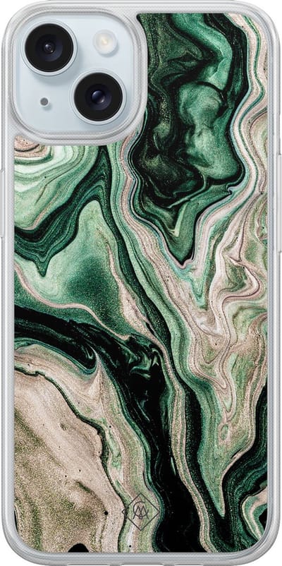 Casimoda® hoesje - Geschikt voor iPhone 15 - Groen marmer / Marble - 2-in-1 case - Schokbestendig - Marble design - Verhoogde randen - Groen, Transparant