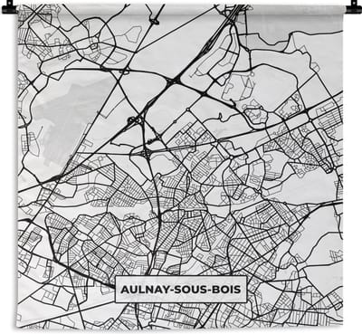 Wandkleed - Wanddoek - Plattegrond - Kaart - Aulnay-sous-Bois - Frankrijk - Stadskaart - Zwart wit - 180x180 cm - Wandtapijt