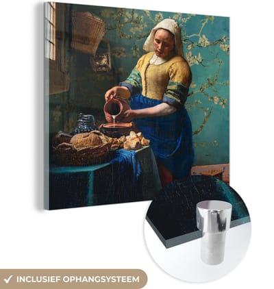 MuchoWow® Glasschilderij 50x50 cm - Schilderij acrylglas - Melkmeisje - Amandelbloesem - Van Gogh - Vermeer - Schilderij - Oude meesters - Foto op glas - Schilderijen