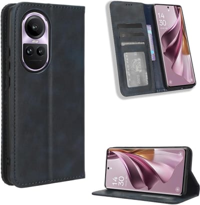 Geschikt voor Oppo Reno 10 / 10 Pro 5G - Standfunctie en kaartsleuven klaphoes - Magnetisch hoesje - Blauw