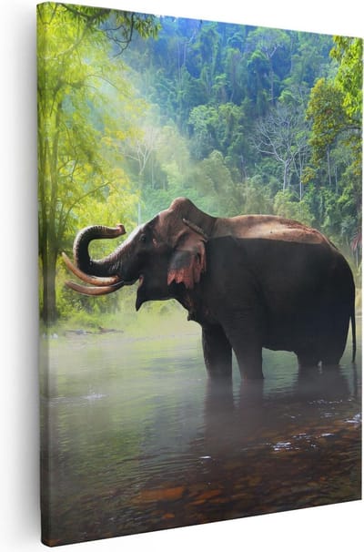 Artaza Canvas Schilderij Olifant In Rivier - 40x50 cm - Wanddecoratie Dieren - Muurdecoratie Jungle - Kamer Accessoires