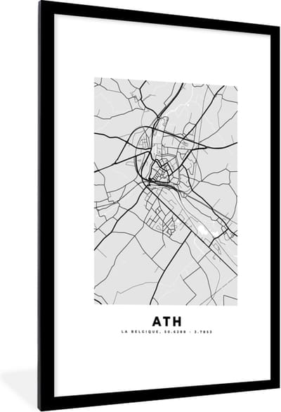 Fotolijst incl. Poster Zwart Wit- België – Ath – Stadskaart – Kaart – Zwart Wit – Plattegrond - 60x90 cm - Posterlijst