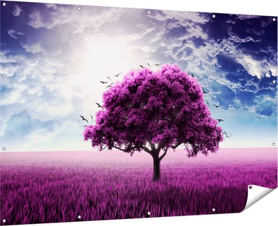 Gards Tuinposter Paarse Boom in het Paars Veld met Vogels - 180x120 cm - Tuindoek - Tuindecoratie - Wanddecoratie buiten - Tuinschilderij
