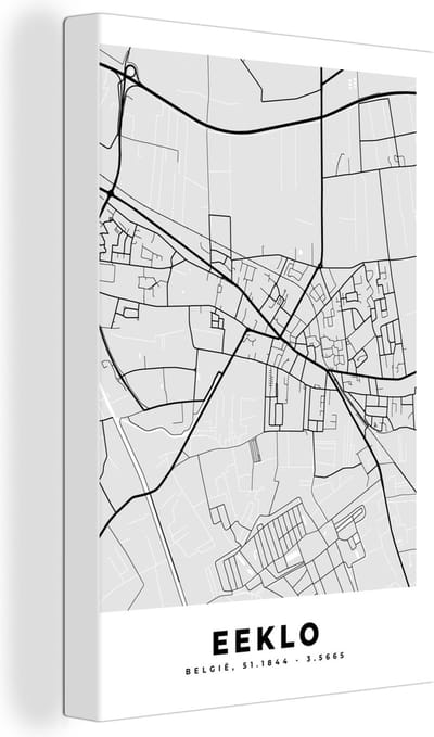 Canvas Schilderij Kaart – Plattegrond – Stadskaart – Eeklo – België – Zwart Wit - 20x30 cm - Wanddecoratie