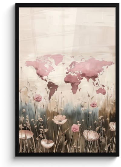 Poster in lijst - Fotolijst 60x90 cm - Posters - Wereldkaart - Roze - Bloemen - Posterlijst zwart - Decoratie - Wanddecoratie woonkamer - Muurdecoratie slaapkamer