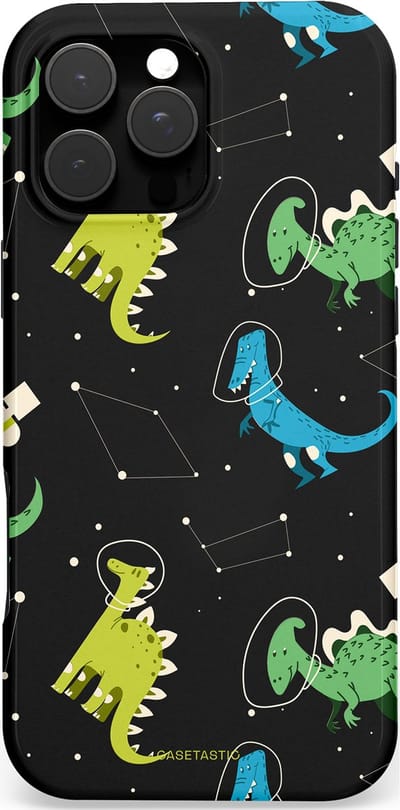 Casetastic hoesje geschikt voor Apple iPhone 16 Pro Max - MagSafe - Dubbellaagse bescherming - Dino in de sterren - Fashion Case - Zwart Groen