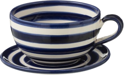 J-Line kopje + schoteltje Granada Stripes - keramiek - wit/blauw
