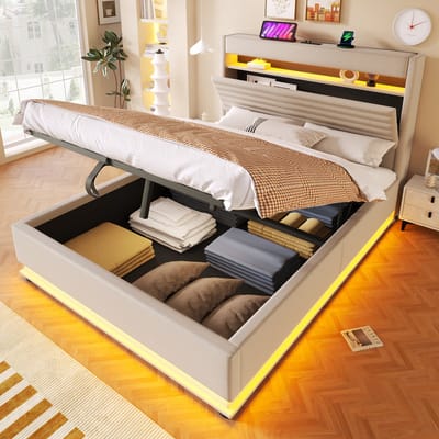 OKWISH Gestoffeerd Bed 140x200 cm - Met USB En Type C - Led Verlichting En Hydraulische Opbergruimte - Zonder Matras - Linnen - Beige