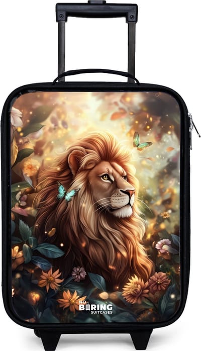 NoBoringSuitcases.com® - Kinderkoffer jongen - Kindertrolley meisje - Leeuw met vlinders in bloemrijke jungle - Koffer kind lichtgewicht - Reiskoffer trolley voor kinderen - Koffertje met lichtgevende wieltjes - Rolkoffer zwart
