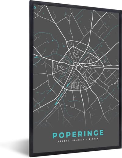 Fotolijst incl. Poster - Plattegrond – Poperinge – Blauw – Stadskaart - Kaart - België - 40x60 cm - Posterlijst