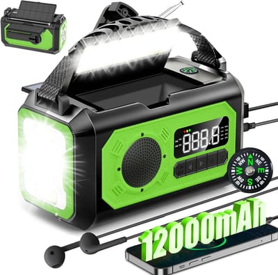 Noodradio - Noodradio's - Draagbare noodradio - 12000mAh 2 zonnepaneelen, Zonnesolar/handkraan, AM/FM, telefoonlader, LED zaklamp, SOS-alarm, Geschikt voor kamperen, buiten, nood (Groen)