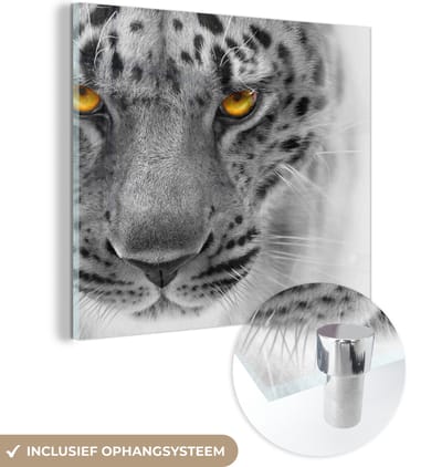 MuchoWow® Glasschilderij 20x20 cm - Schilderij acrylglas - Luipaard - Ogen - Zwart - Wit - Foto op glas - Schilderijen