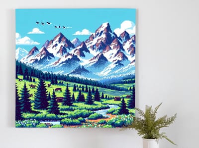 Pixel art landschap schilderij | Digitaal landschap: een kunstzinnig pixelavontuur in levendige kleuren | Kunst - 30x30 centimeter op Dibond | Foto op Dibond