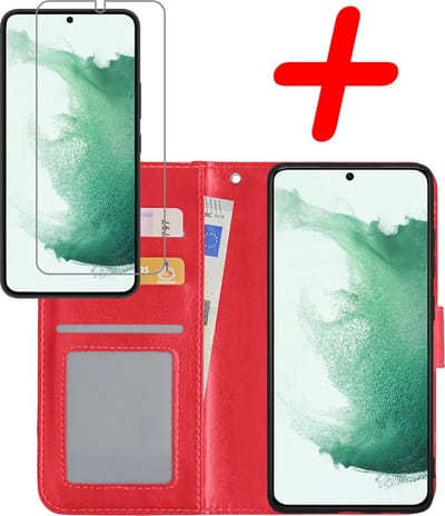 Hoesje Met Screenprotector - Geschikt voor Samsung Galaxy S22 - Luxe Pasjeshouder - Bookcase Portemonee - Flip Case - Kunstleer Book Case - Flipcase - Book Cover - Walletcase - Portemonneehoes - Rood