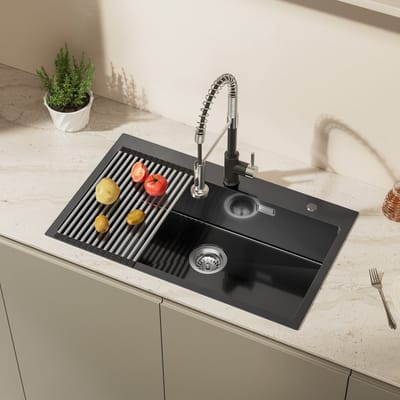 CECIPA max Spoelbak Antraciet 75x45CM - Spoelbak Met Kraangat - Inbouwspoelbak - Wasbak Keuken - Spoelbak Met Afdruiprek - Overloop en Sifon - Spoelbakken Keuken