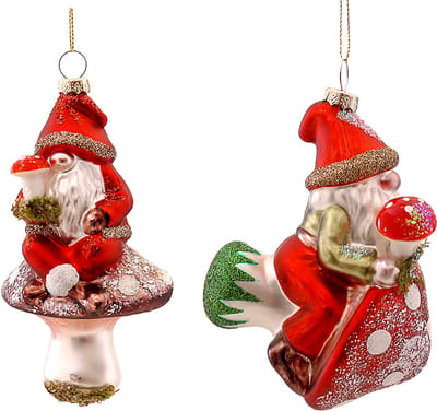 Viv! Christmas Kerstornament - Gnoom op Paddenstoel - set van 2 - glas - rood - 14cm