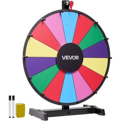 VEVOR Wheel of Fortune (457 mm) 14 Slots Wheel of Fortune met standaard, loterijspellen Winnende Roulette met schoolbordwisser en 2 stiften, 6 kleuren, draaiend prijzenwiel Ideaal voor feestcafés, beurzen
