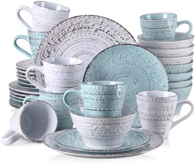 Crystal Bordenset – Dinerborden – 8 persoons – 32 delig - Wit/blauw Keramisch – Ontbijtborden – Hoogwaardige kwaliteit