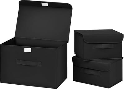 Opbergdozen van stof, 3 stuks, opvouwbaar, dozen voor kast, opbergmanden met deksel voor kleding, garderobe, planken, zwart