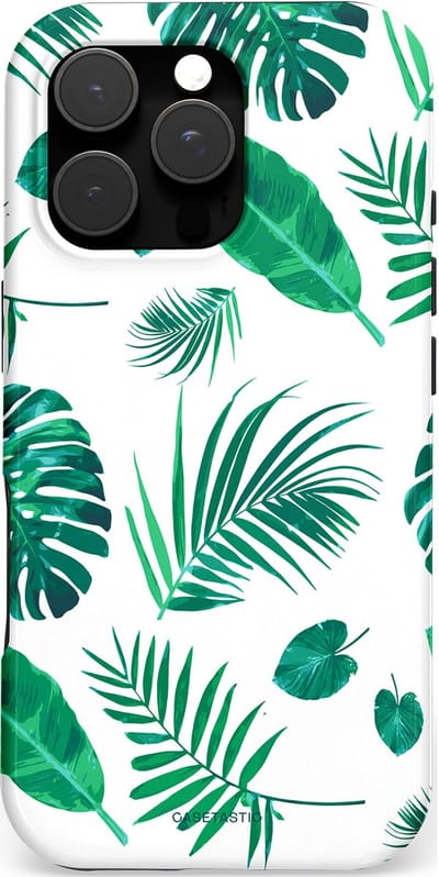 Casetastic hoesje geschikt voor Apple iPhone 16 Pro - MagSafe - Dubbellaagse bescherming - Groene Witte Jungle Bladeren Print - Fashion Case - Wit Mintgroen Turquoise