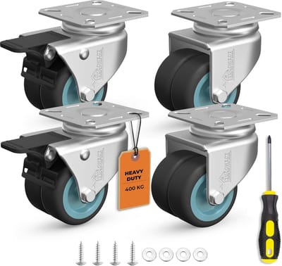 Set van 4 Zware Zwenkwielen 50mm - Meubelwielen met Rem en Zonder - Incl. Montagepakket