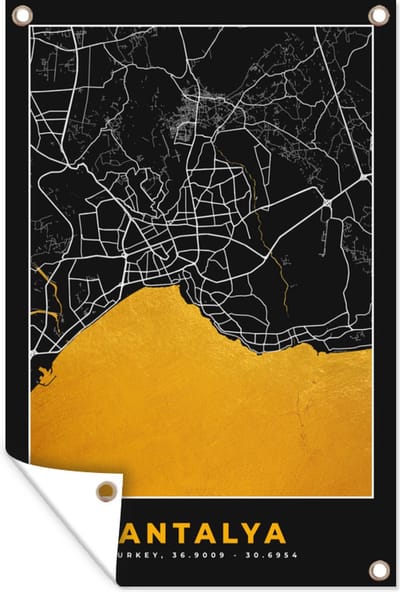 Muurdecoratie Antalya - Stadskaart - Plattegrond - Goud - Kaart - 120x180 cm - Tuinposter - Tuindoek