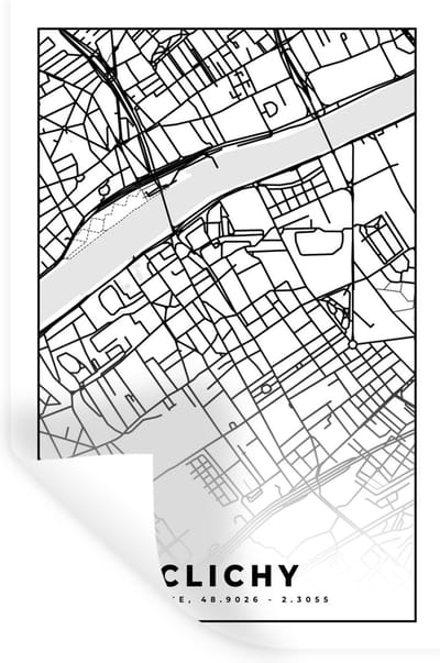 Muurstickers - Sticker Folie - Kaart - Stadskaart - Clichy - Frankrijk - Plattegrond - Zwart wit - 20x30 cm - Plakfolie - Muurstickers Kinderkamer - Zelfklevend Behang - Zelfklevend behangpapier - Stickerfolie