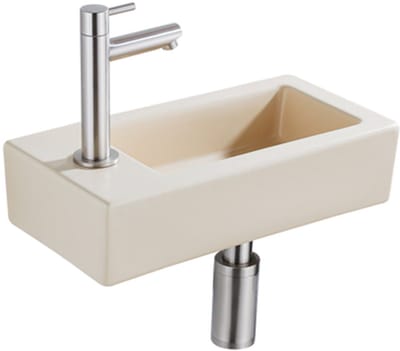 FugaFlow Eccelente Pietra Fonteinset - 37.5x18.5x9cm - keramiek - kraangat links - fonteinkraan geborsteld RVS - afvoerplug - verlaagd sifon - Mat Beige
