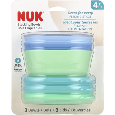 NUK, bols empilables, 4 mois et plus, bleu et vert, 3 bols + 3 couvercles beige